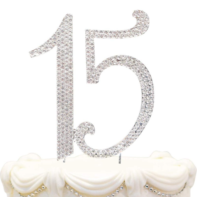 Hatcher lee Bling Crystal Rhinestone 15 Birthday Cake Topper - Best Keepsake | 15th Party Decorations Silver - Image 1